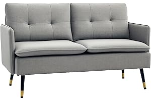 HOMCOM Divano 2 Posti in Tessuto Effetto Lino con Braccioli e Cuscini Imbottiti, Divanetto 2 Posti Moderno con Gambe in Acciaio, per Ufficio, Soggiorno, Salotto e Camera da Letto, 139x68x80 cm, Grigio