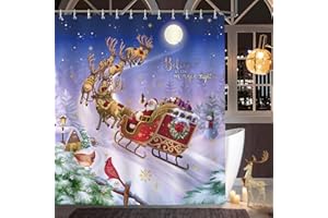 Bonhause Duschvorhang Weihnachten Weihnachtsmann Rentier Schlitten Duschvorhänge 180 x 180 cm Anti-Schimmel Wasserdicht Polyester Stoff Waschbar Bad Vorhäng für Badzimmer mit 12 Haken