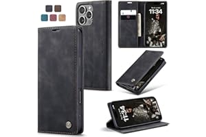 owlhold Handyhülle für iPhone 16 Pro Hülle Premium Lederhülle Weiches Vintage-Nubukleder Faltbare Ständer Schutzhülle Kartenfach Standfunktion stoßfest klapphülle iPhone 16 Pro -Schwarz