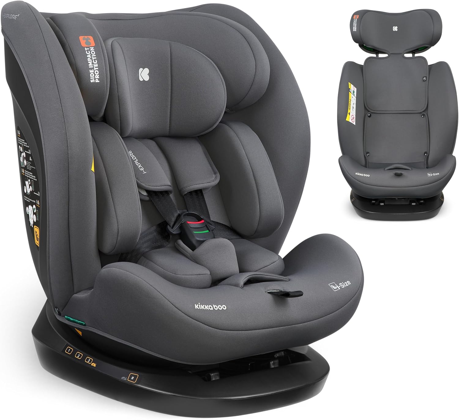 KikkaBoo Silla Coche Bebé sin ISOFIX i-EXPLORE 2, Grupo 0 1 2 3, i-Size 40-150 cm, Reclinable, 0-12 Años, Reposacabezas 14 Posiciones, Cojín y Arnés 5 Puntos, Grey