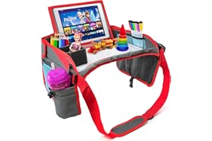 EVERYTHINGINPLACE Kids Car Seat Activity Tray | Inspire Active Toddlers & Big Kids for Years! Dry- Erase White Board & Eating Snack Travel Tray, with No-Drop Tablet iPad Holder Stand & Art Supplies Storage Pockets