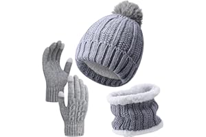 Candcamp Women Knitted Hat Scarf Gloves,3Pcs Winter Cold Weather Set with Knit Beanie Cap Touch Screen Gloves Circle Neck Scarf,3 in 1 Thermal Beanie Hat Gloves Neck Warmer for Sports Outdoor