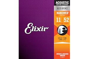 ELIXLR Elixir 11027 Strings 80/20 Bronze Acoustic Guitar Strings w NANOWEB Coating, Custom Light (.011-.052)