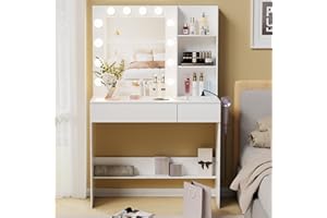 JoliJour Console Trucco,Tavolo da Trucco con Specchio e Luci con 12 Lampadine Luce+Porta di Ricarica,Luminosità Regolabile,3 Colori di Luce,Postazione Make-up 2 Cassetti,Postazione Trucco,90*40*140CM