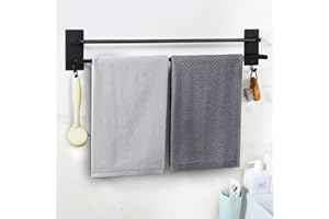 JS wieszak na ręczniki, czarny, matowy, bez wiercenia, uchwyt na ręczniki kąpielowe, samoprzylepny, podwójny, z 2 haczykami, 60 cm, montaż ścienny, do łazienki, kuchni