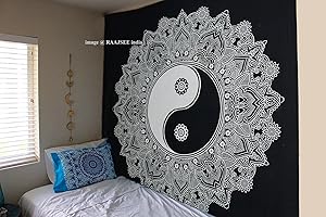 raajsee Tentures Murales Indiennes Yin et Yang/Noir et Blanc Tapisserie Mandala Hippie/Bohemian Rideaux Orientale Decorations/Queen 210x220 cms