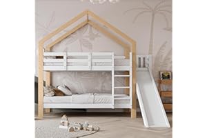 ‎DOLAMANÍ Dolamaní Hochbett Hausbett 90x200cm, Etagenbett mit Rutsche und dreistufiger Winkelaufstiegsleiter, Kinderbett mit Absturzsicherung, Bettrahmen aus Massivholz, (A)