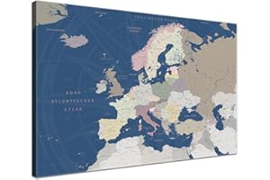 ‎LANA KK Europakarte-Pinnwand als Leinwandbild zum pinnen der Reisen – „Europakarte Titan” - Deutsch - Landkarten-Wandbild Europa in blau, 60 x 40 cm