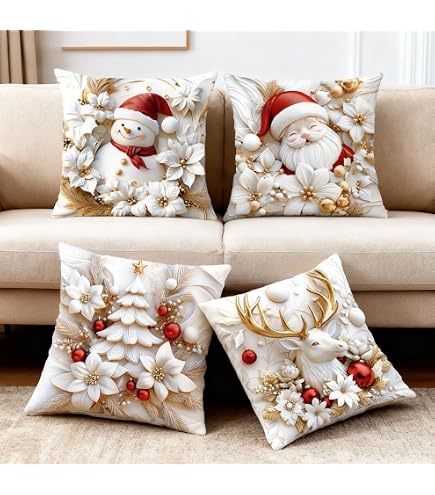 Weihnachts-Kissenbezug 4er Set – 40x40 Cm, Flauschiger Samt, Mit Schneemann & Rentier