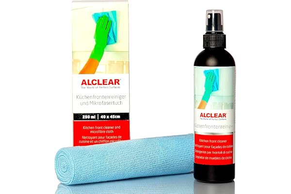 ALCLEAR 721KR Nettoyant pour façades de cuisine 250ml avec chiffon microfibre 40x40cm, pour façades brillantes, laquées, plastique, sans alcool, sans solvant, dégraissant, sans traces, sans peluches,