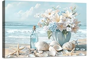 HALFLEMART Cadre en Bois Impression sur Toile Océan Bleu Paysage Côtier Tableau Image sur Toile Affiche Fleur de Lys Hortensia Dans un Vase Tableau Decoration Murale Salon Chambre Coucher Salle de Bains 30x40cm