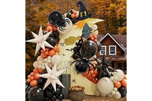 CBODECO Halloween Balloon Garland Arch Kit with Spider Witch Hat Shaped Black and Milk White Exploding Star Foil Balloon Black Orange Sand White Halloween Balloons for Halloween Party Decorations