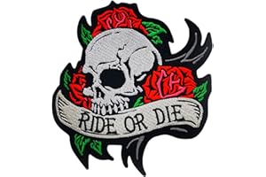 LILIE CRÉA Patch tête de mort, écusson biker Ride or die, patch roses rouges, écusson thermocollant motard 11,5 cm x 11 cm