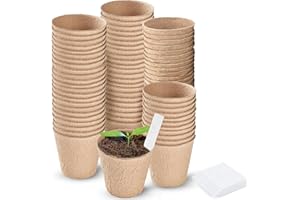 WY8 100 Piece 8CM Round Biodegradable Organic Fibre Seedling Pots for Plant Cultivation – Compostable Containers Easy to Transplant Ideal for Garden & Greenhouse Starter Items with 10 White Labels