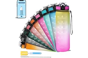 SOLARA Water Bottle 1L (32oz) - Motivational Water Bottle With Straw, BPA Free Tritan Sports Water Bottle With Time Marking - Leakproof, One Click Open Gym Water Bottle - Yellow Pink
