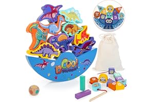 JUSTWOOD Blocchi da Costruzione per l'equilibrio in Legno, Gioco di Impilamento con Figure di Dinosauri e Gufi, Giocattoli Montessoriani per Bambini Ragazza Ragazzo di 1 2 3 4 5 Anni