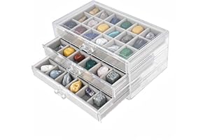 Dmnnlp Rock Display Case, 3 Drawers 54 Grids Rock Collection Box, Storage Cases for Gemstone Fossil Crystal Stone Jewellery (Grey)