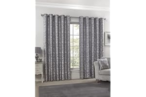 Emma Barclay – Fully Lined Curtains for Bedroom Living Room Jacquard Eyelet Two Panel Damask Curtains Eden Collection (66” x 72” Inch)(Silver)