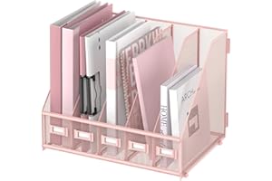 SUPTIDY Metallischer Schreibtisch Organizer mit 5 vertikalen Fächern, Magazin Ständer für Büro, Homeoffice und Arbeitsplatz, Rosa