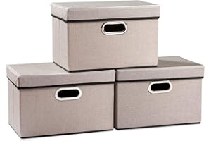 PRANDOM Faltbarer Aufbewahrungskorb mit Deckel, Leinenstoff, dekorative Aufbewahrungsbox, Organizer, Korb mit Griffen, Trennwand für Schrank, Büro, Wohnzimmer, Hellgrau (38x25x25cm)