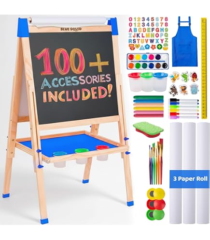 Chevalet 3 en 1 pour enfants avec rouleau de papier, hauteur réglable, double face, tableau blanc et tableaux noirs avec chiffres et autres accessoires pour 2, 3, 4, 5, 6 ans