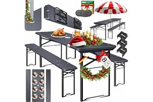 KESSER Juego de muebles de jardín de 3 piezas, plegable, 170 x 46 x 75 cm, 2 bancos de cerveza, mesa de madera, 12 protectores de suelo y 6 posavasos de fieltro