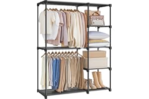 SONGMICS Freestanding Wardrobe, Foldable Closet, Coat Rack with Clothes Rails, Clothes Rack, Open Storage Wardrobe, Storage Organiser, Cloakroom, Bedroom, 43 x 112 x 165 cm, Black RYG24BK