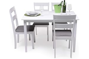 Homely - Conjunto de Comedor Kansas & Dallas White Mesa de Comedor de Madera lacada en Blanco de 112x72 cm y 4 sillas de Comedor de Madera lacadas en Blanco y Asiento tapizado de Tela Gris