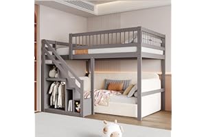 ‎JOVIFY Etagenbett 140x200, Kinderbett Hochbett mit Treppe und Aufbewahrungsschrank, Funktionsbett Doppelbett Stockbett Spielbett Kinderhochbett Jugendhochbett mit Lattenrost, Massivholz, Ohne Matratze, Grau