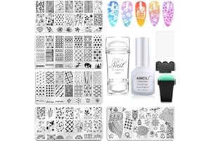 AIMEILI Estampacion Uñas de Acero Inoxidable 5Pcs Placas Para Uñas + 2 Sello Estampador de Uñas + 2 Raspador + 1 latex liquid