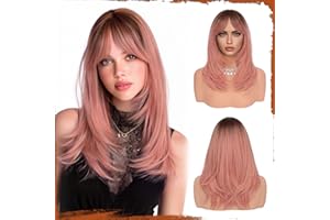Sofeiyan Pelucas Mujer pelo Natural con Flequillo, 40 cm Rubio Rosado Sintético Resistente al Calor Peluca Largas Rectas,Cabello Layered para Fiestas Diarias y Cosplay