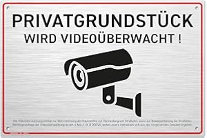 ‎HAGEFOL HAGEFOL® Schild Videoüberwachung Privatgrundstück (30x20 cm - groß) mit DSGVO Hinweis, inkl. 4 Bohrlöcher, Kamera Warnhinweis für Überwachungskamera oder Kamera Attrappe (Aluminium gebürstet)
