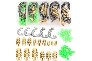 Piscorush Juego de 105 plomos de pesca, anzuelos de gusano, cuentas de pesca, plomos de peso de bala, equipo de Texas, equipo de carolina, lubina, agua dulce y salada