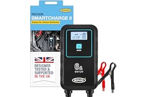 RING SMARTCHARGE 6A Car Charger & Maintainer With Crocodile Clips & Built-In Hanging Hook - Compatible With Lithium Ion, Lead Acid, Gel, Calcium, EFB & AGM Batteries