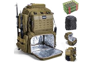 Goture Angelrucksack mit 4 Köderbox Angeln, 53-Liter Angelzubehör-Rucksack mit Zwei Rutenhaltern und Regenschutz, Wasserabweisende Angelgerätetasche mit verstellbarem Fach und 8 Ködertaschen