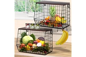 YADOBIG 2 Piezas Colgante Cesta de Fruta, Fruteros de Cocina de Metal, con Tapa de Madera, con 4 Ganchos, Apilables y Montables en la Pared, para Guardar Fruta y Verdura, Negro, 2 Pequeño