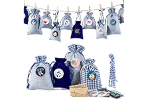 ‎GALLOP CHIC Adventskalender Stoffsäckchen zum Befüllen, Weihnachtskalender Filzsäckchen zum Selberfüllen, 24 Groß Geschenksäckchen Kette zum selber befüllbar und Aufhängen, Blau Grau Stoffbeutel für Kinder Männer
