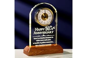 Arikyrist 50th Wedding Anniversary Glass Keepsake Gifts for Parents, 50th Anniversary Desk Table Quartz Clock with LED Light Stand, 50 Years of Marriage Golden Wedding Presents for Couple