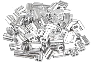 Futheda 100 pcs Aluminum Crimping Loop Sleeve Clips with Double Ferrules/Holes for 2.5mm Cable Wire Rope Silver Tone