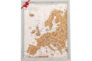 Splosh Mappa dei viaggi – bacheca da scrivania con mappa dell'Europa in grigio, cornice in legno, mappa dei viaggi in sughero con 100 spilli in 2 colori per segnare le tue avventure passate e future
