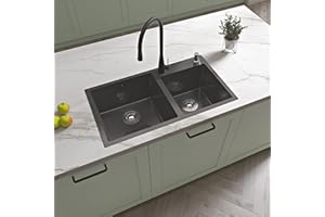 ACEZANBLE Évier cuisine noir 78x43x20cm 2 bacs en Inox avec 2 crépines