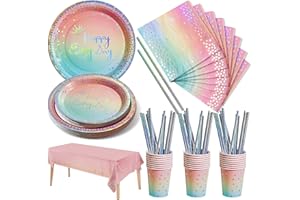 Nkaiso Partygeschirr Kindergeburtstag, 126 Stück Regenbogen und Silber Pappteller Kindergeburtstag Mädchen Party Set mit Partyteller, Pappbecher, Servietten und Strohhalme für 25 Gäste