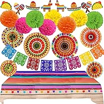 Décoration Fête Mexicaine - 6 éventails Papier + 1 Bannière Triangle + Tourbillons - Cinco De Mayo, Anniversaire