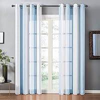 Topfinel Voile Vorhaenge mit Oesen Kurze Gardinen mit Streifenmustern 2er Set je 145x140cm (HxB) Blau