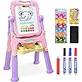 Kids Folding Double Sided Magnetic Drawing Board Easel with Accessories - Colour Chalk, Eraser (Pink)