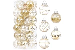 Sea Team - Juego de Adornos de Bolas de Navidad de plástico Transparente irrompible de 60 mm/2,36 Pulgadas con Pintura con Purpurina, Transparente, Transparente, Adornos de Cristal (30, Dorado)