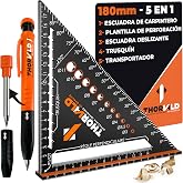 THORVALD 5 in 1 Carpenter Square 180 mm + Pencil &ndash; Multifunction: Trusquin/Protractor/Drilling Template/Sliding Square &ndash; Alum