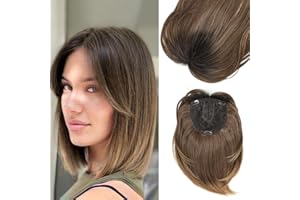 MORICHY Synthetic Hair Toppers for Thinning Hair, 12'' Hair Toppers with 6.5X6.5inch Big Base Cover for Adding Extra Hair Volume Soft Ombre Brown Toppers with Bang (Ombre Brown 3 color tone)