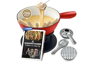 Ottia Set à fondue en fonte pour 2, 3, 4, 5, 6 personnes, émail 3 couches, sans substances nocives, 10 pièces avec brûleur, fourchettes et livre de recettes, set à fondue au fromage, fondue à la