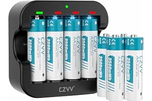 czvv Piles Rechargeables Lithium AA 1,5V - Chargeur avec 8 Pack Accu Haute Capacité 3500mWh - Charge Rapide 2H - Batterie Durée 10 Ans, 1500 Cycles, Préchargées, Faible Auto-décharge, Sortie Constante